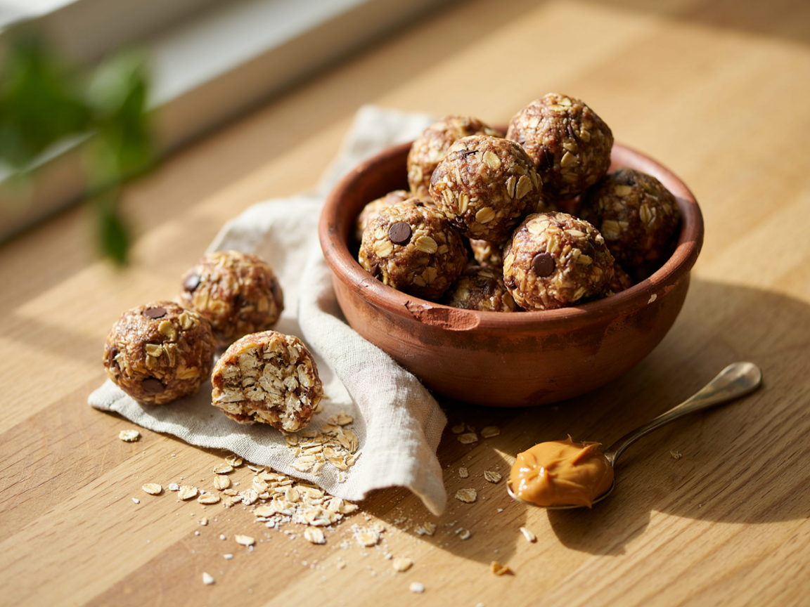No-bake flax seed protein balls with oats and chocolate chips in a bowl