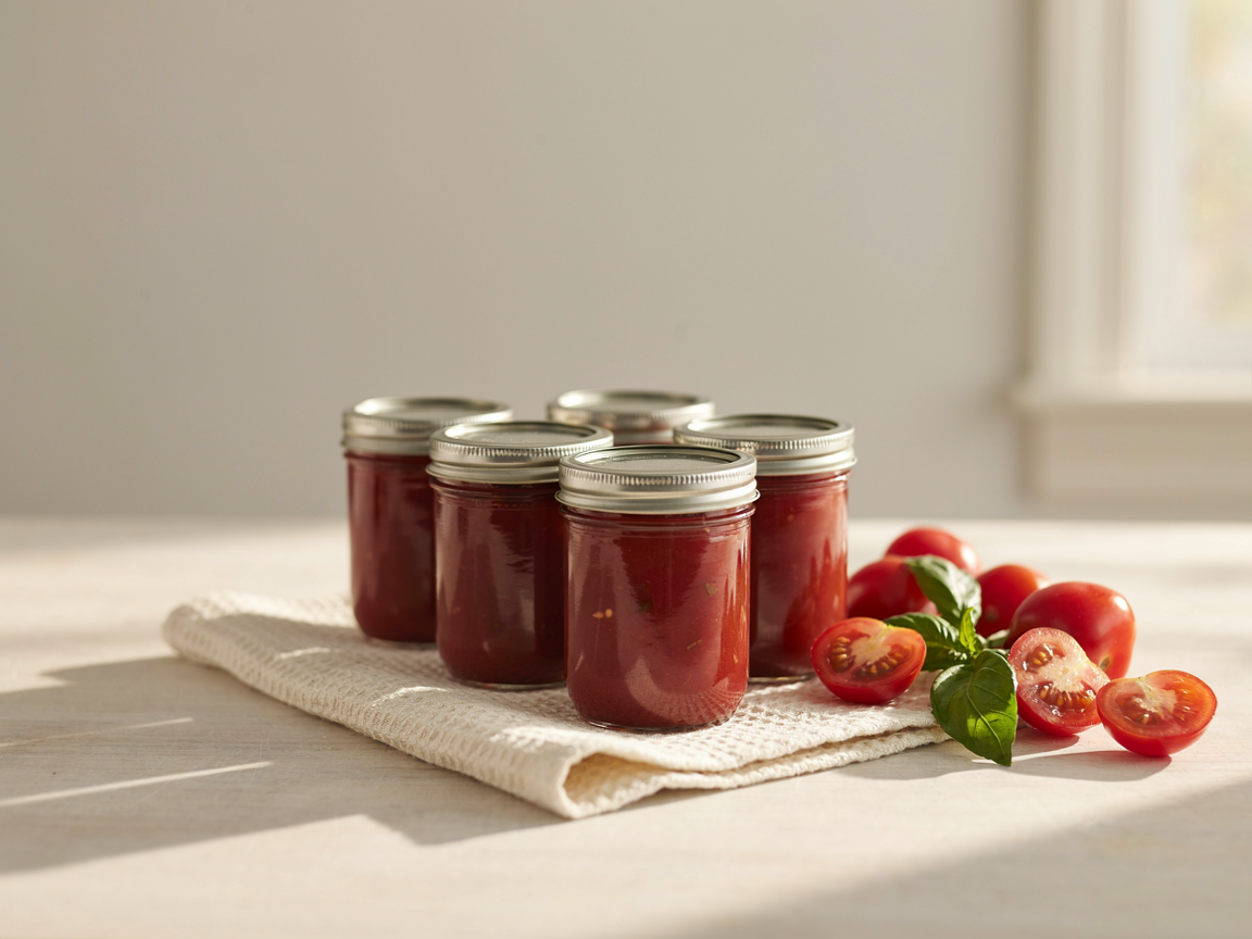 Six sealed pint jars of deep red homemade pizza sauce cooling on a cream towel with fresh tomatoes and basil beside them