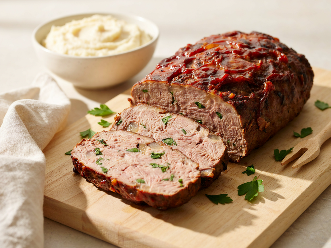 Sliced glazed meatloaf on a wooden board with a bowl of mashed potatoes and fresh parsley