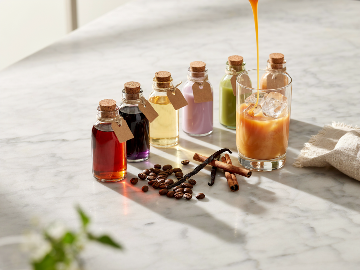 A row of colorful homemade coffee syrups in glass jars with an iced coffee