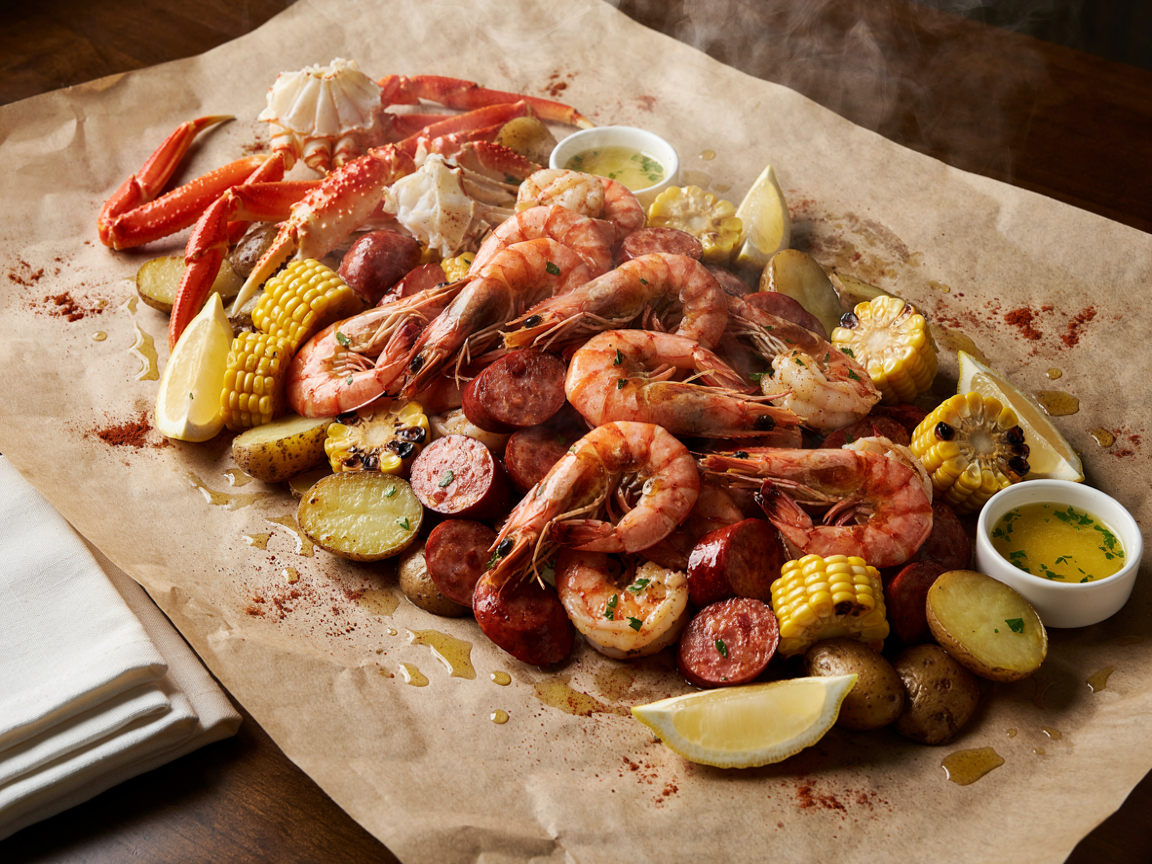 A seafood boil spread across a paper-covered table with shrimp, crab legs, corn, potatoes and sausage in garlic butter sauce