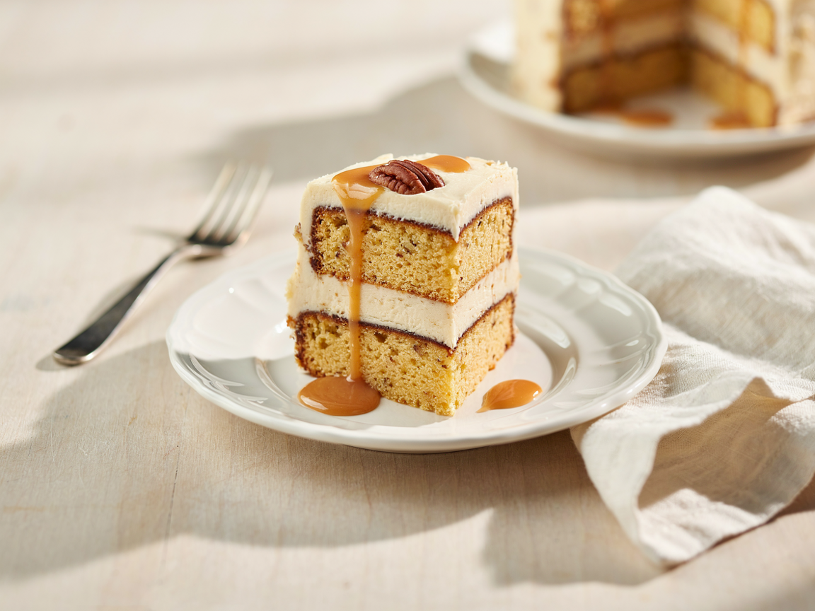 A single slice of hummingbird cake on a plate showing three cake layers separated by thick cream cheese frosting