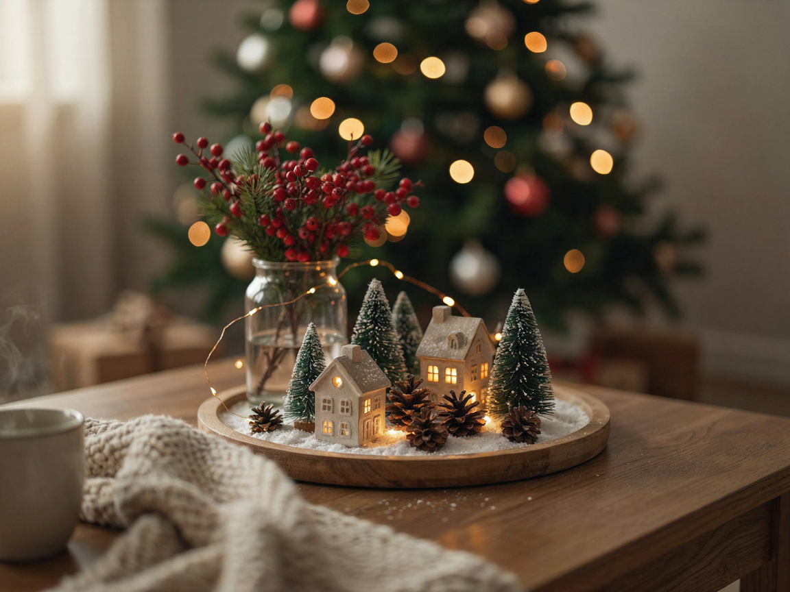 Christmas coffee table decor with a lit village, berries and cozy knit throw