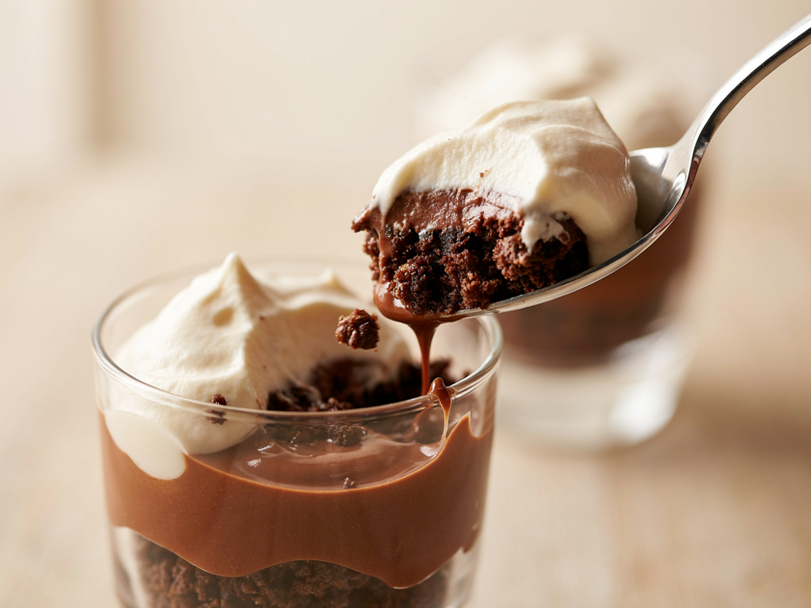 Close-up spoon pulling through the cookie crumb, chocolate pudding and whipped cream layers of dirt cake