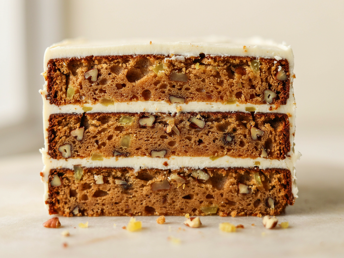 A close view of the cut crumb of a hummingbird cake showing visible pecan pieces and a dense damp texture