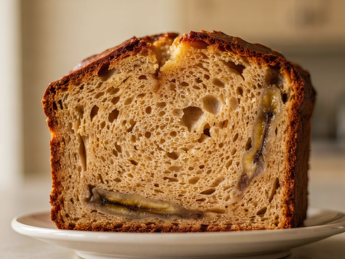 Close-up of a thick slice of banana bread showing a tender moist crumb and a cracked top