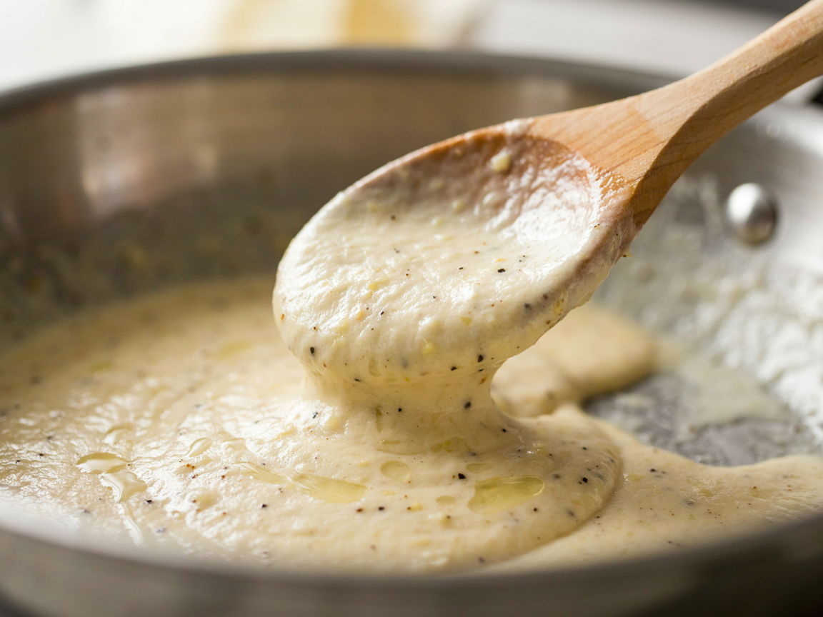 Close-up of silky garlic parmesan cream sauce being stirred with a wooden spoon in a stainless steel pan