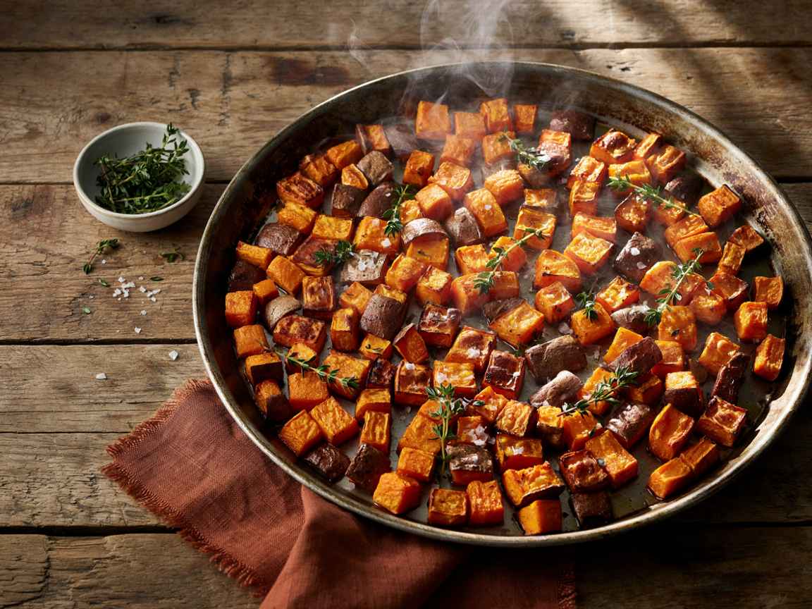 Sheet pan of roasted butternut squash and sweet potato cubes with deep golden caramelised edges and fresh thyme