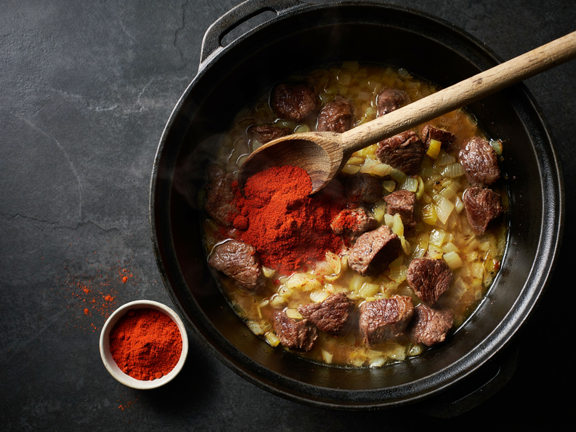 Heavy pot off the heat with softened golden onions and beef, a heap of vivid red sweet paprika just tipped on top