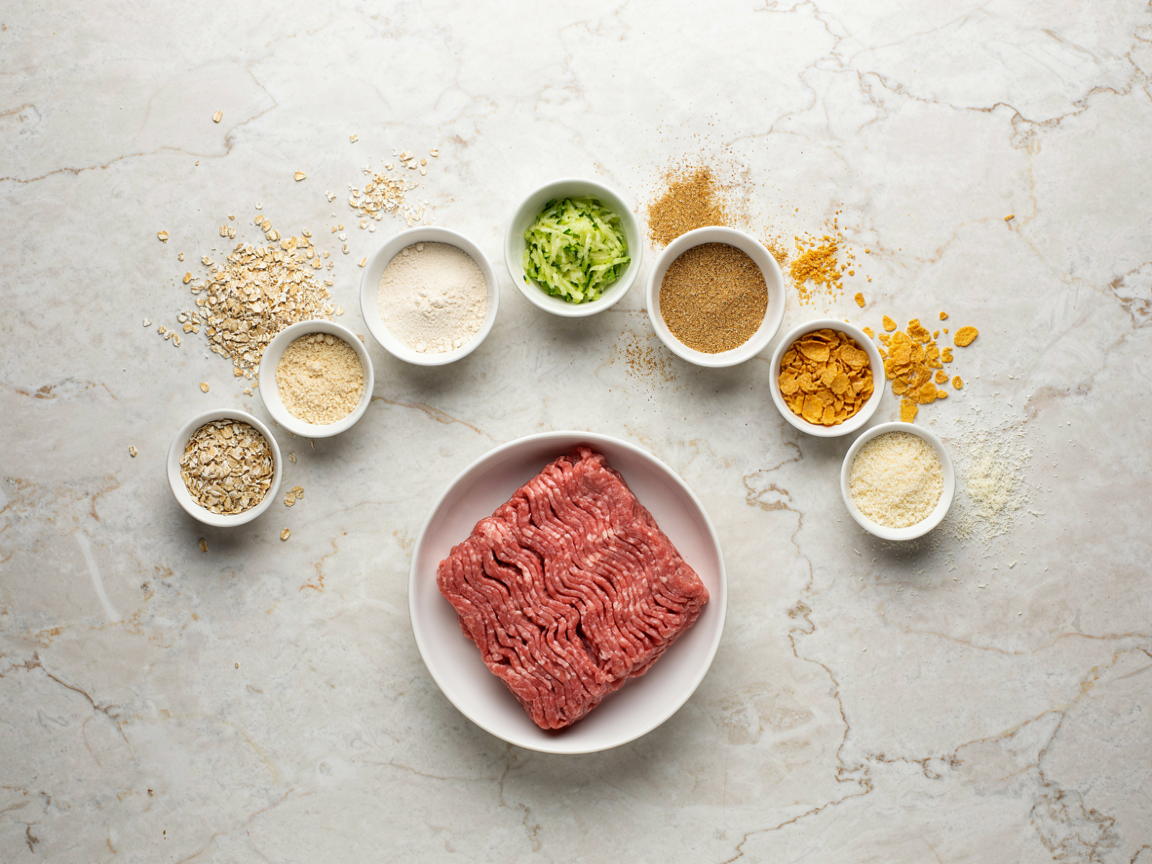 Overhead arc of small white bowls holding rolled oats, cracker crumbs, almond flour, grated zucchini, ground flaxseed, crushed corn flakes and grated cheese around a bowl of ground beef