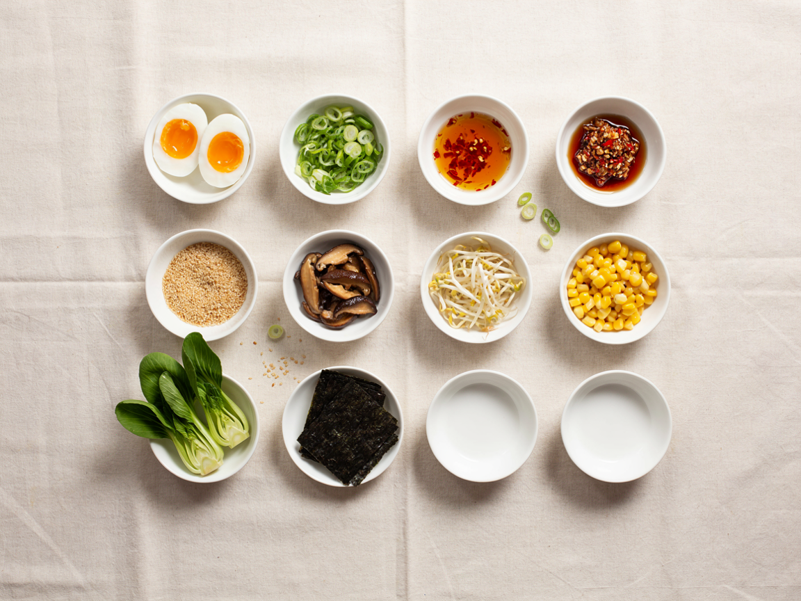 Ramen toppings bar flatlay with soft-boiled eggs, scallions, chili crisp, mushrooms and bok choy