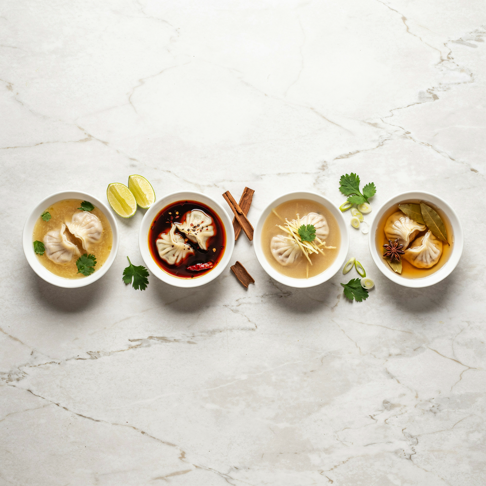Four small white bowls of dumpling soup in a row showing coconut, chili, ginger and clear aromatic broths with lime, star anise and scallion