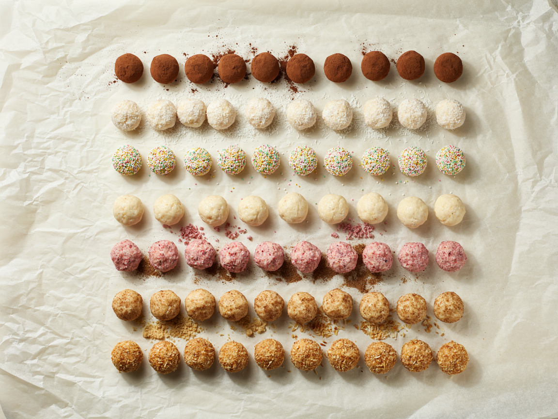 Overhead flat lay of protein balls in several flavours and coatings arranged in rows on parchment paper