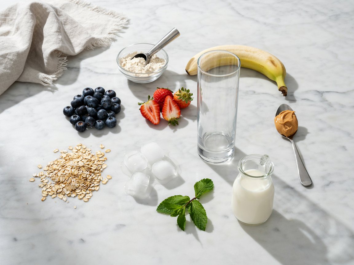 Overhead flat lay of protein shake ingredients including protein powder, banana, berries, oats, peanut butter and milk on white marble