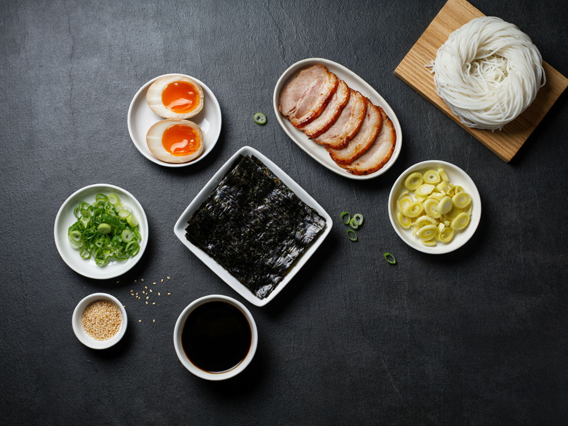 Overhead flat lay of ramen toppings including marinated eggs, sliced chicken chashu, spring onion, nori and tare