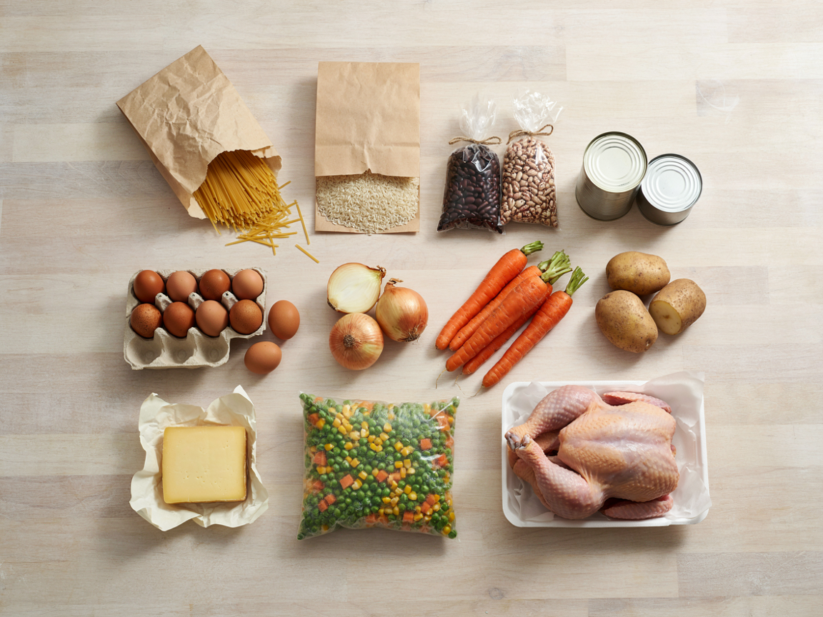 Overhead flat lay of budget grocery staples including rice, pasta, beans, canned tomatoes, eggs, onions, potatoes and a whole chicken
