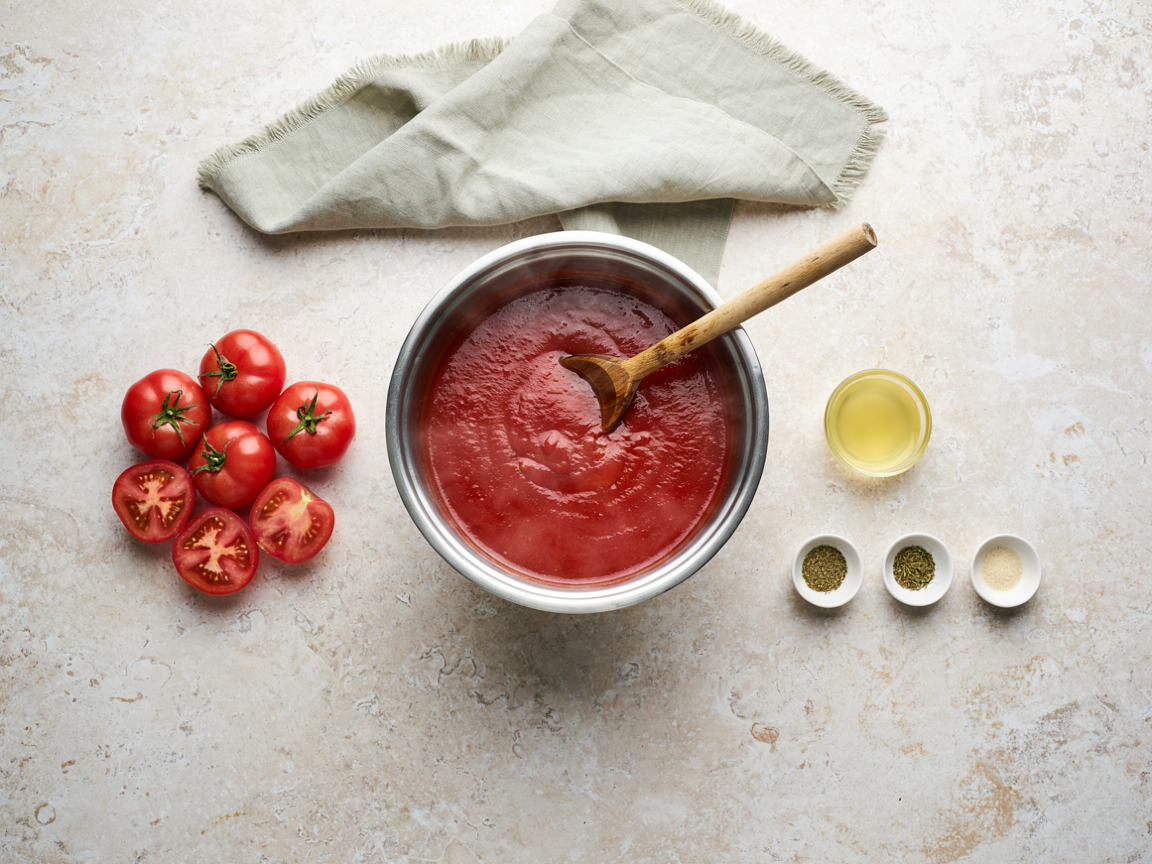 Overhead view of a stainless pot of smooth red tomato sauce with a wooden spoon, halved Roma tomatoes, a dish of lemon juice and three small bowls of dried herbs