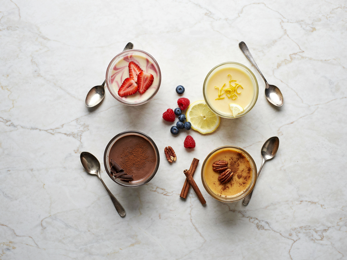 Four small cups of cheesecake fluff in strawberry, lemon, chocolate and pumpkin spice flavours with spoons