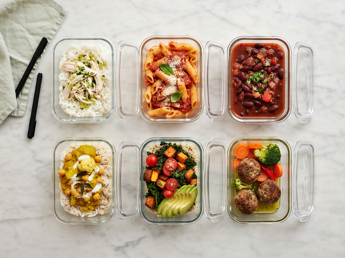 Six clear glass meal prep containers filled with different homemade budget dinners on a light counter