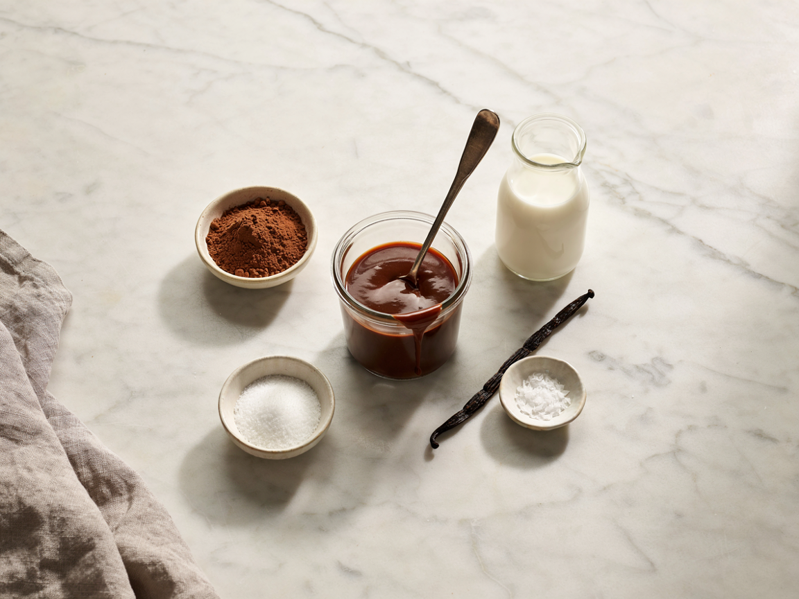 Glass jar of glossy dark homemade mocha sauce beside a small saucepan and a bowl of cocoa powder