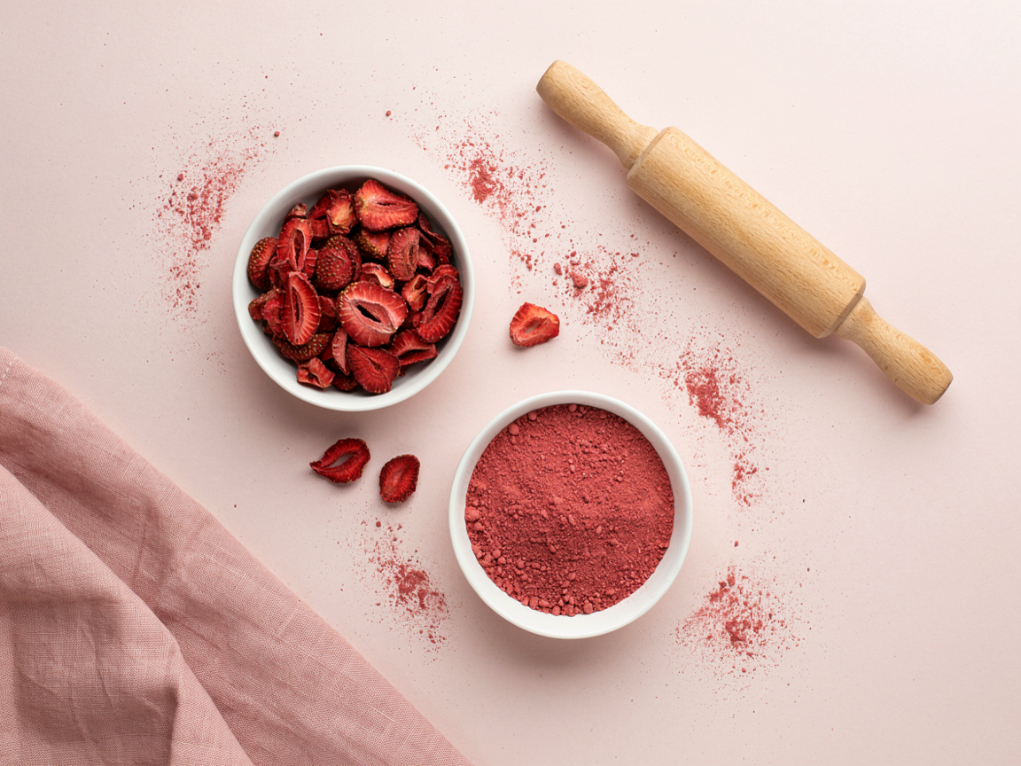 Freeze-dried strawberry slices and crushed strawberry powder in a small bowl on a pale pink surface