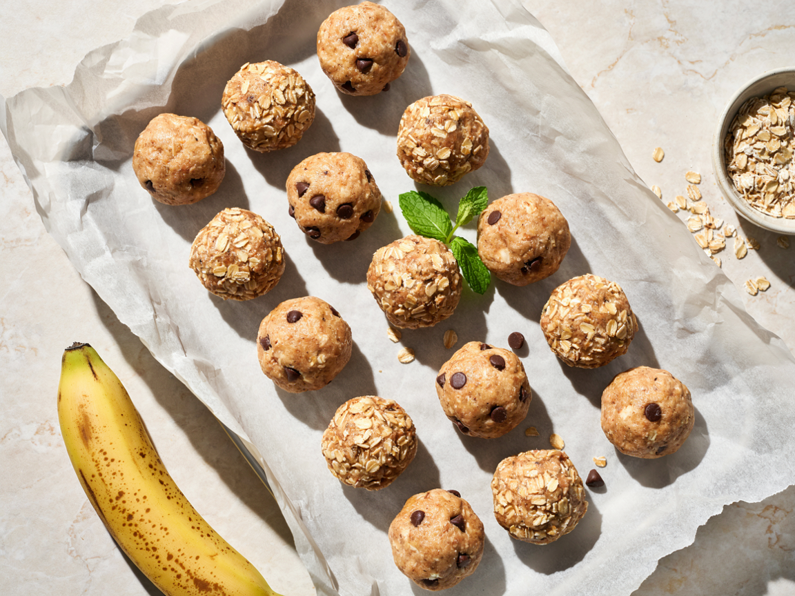 Banana protein balls stacked on a small plate beside a glass of milk, one broken open to show the oat texture