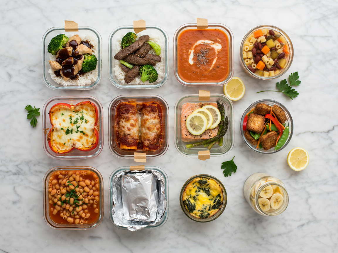 A dozen individual freezer meals for one person in glass meal prep containers, including stuffed peppers, enchiladas, salmon, soups and overnight oats