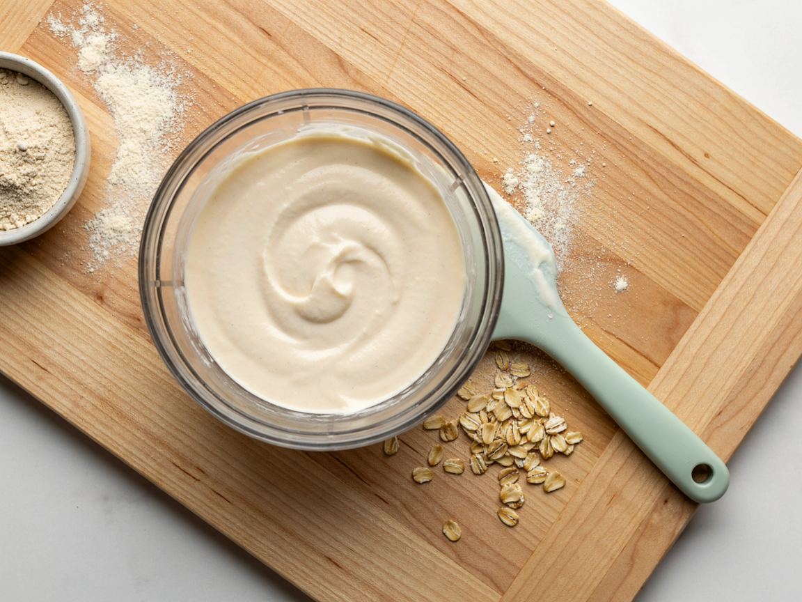 Blended cottage cheese in a small food processor bowl, completely smooth and thick like Greek yogurt