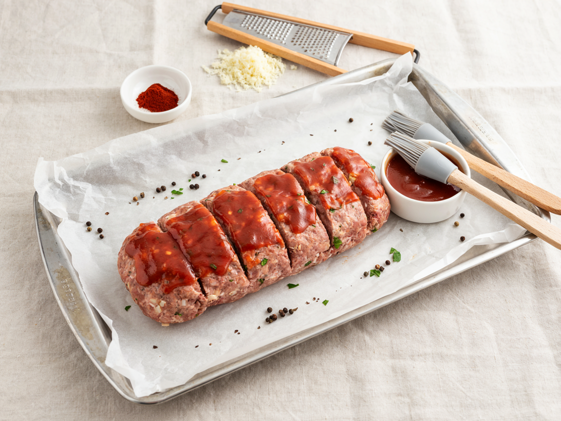 Raw free-form meatloaf on a parchment lined sheet pan half coated in red glaze, with a box grater, grated onion and a bowl of glaze alongside