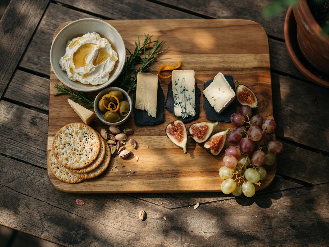A generous grazing board with cheeses, figs, grapes, olives and crackers on a wooden table outdoors