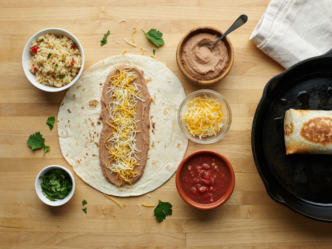 Flour tortilla with a line of refried beans and shredded cheese, surrounded by bowls of rice, salsa and cilantro and a skillet