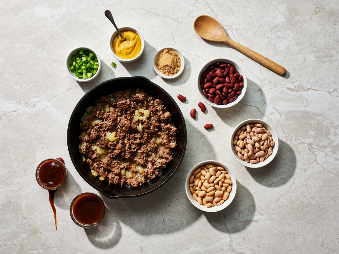 Cast iron skillet of browned ground beef surrounded by bowls of kidney beans, pinto beans, butter beans, barbecue sauce, mustard and brown sugar