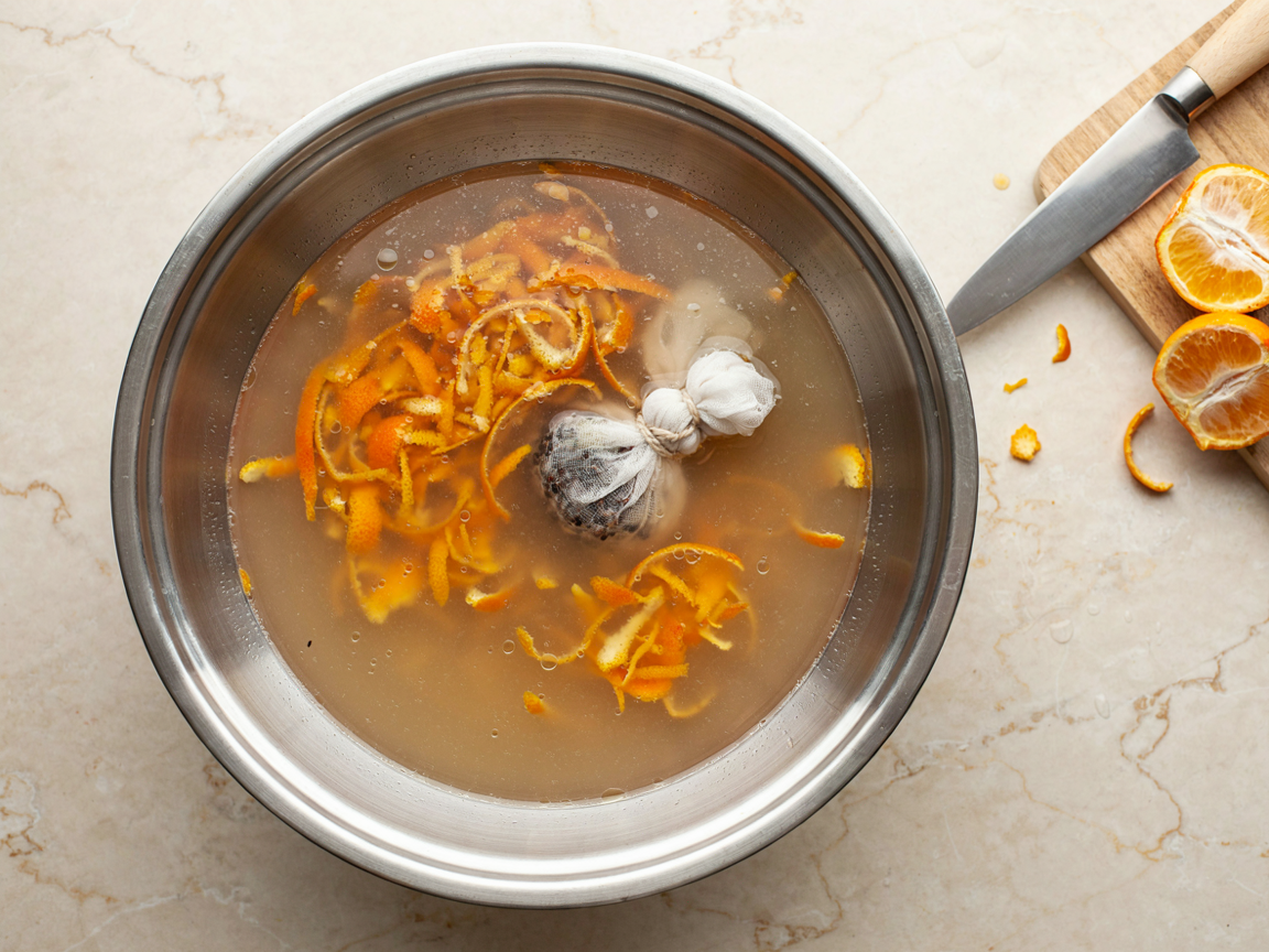 A wide pot of shredded orange peel simmering in water with a tied cheesecloth bundle of seeds among the shreds