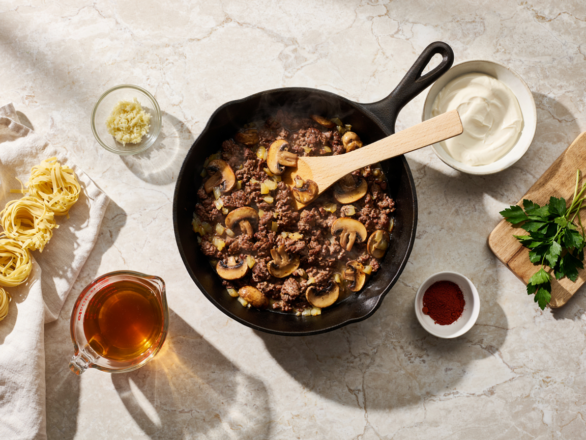 Overhead view of browned ground beef with golden sliced mushrooms and onion in a cast iron skillet, surrounded by sour cream, broth, garlic and egg noodles