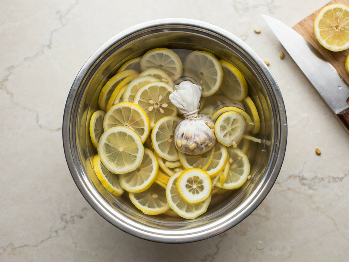 Very thinly sliced lemons soaking in water in a wide pot, with a small tied cheesecloth bundle of seeds among them