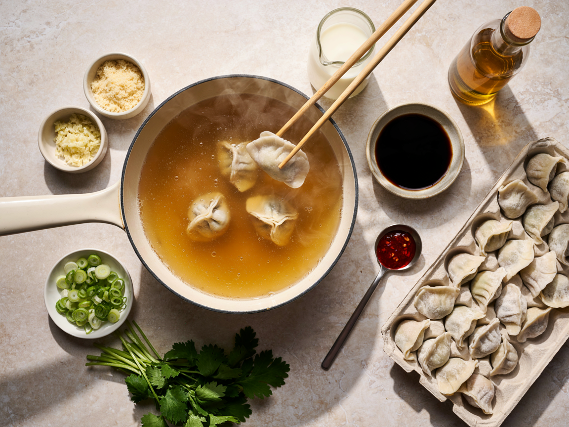 Frozen dumplings being lowered with chopsticks into a pan of simmering golden broth, with small bowls of grated ginger and garlic alongside
