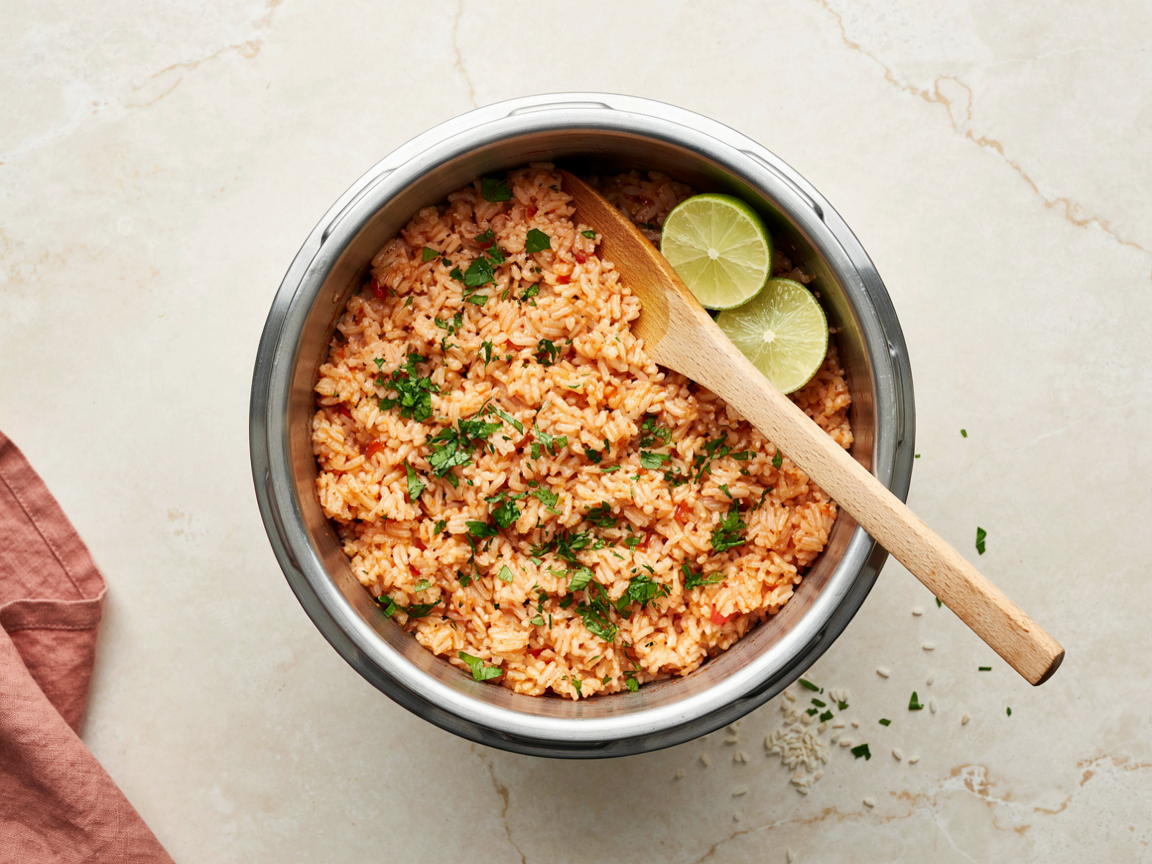 Fluffy red Spanish rice in an open rice cooker bowl, fork-fluffed with chopped coriander and lime wedges on top