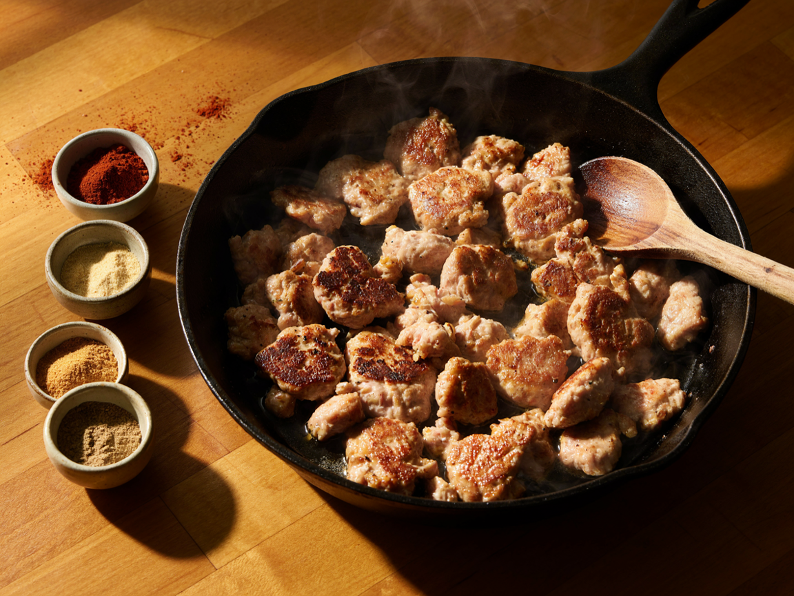 Seasoned ground turkey browning in a hot skillet, broken into large pieces rather than fine crumbs