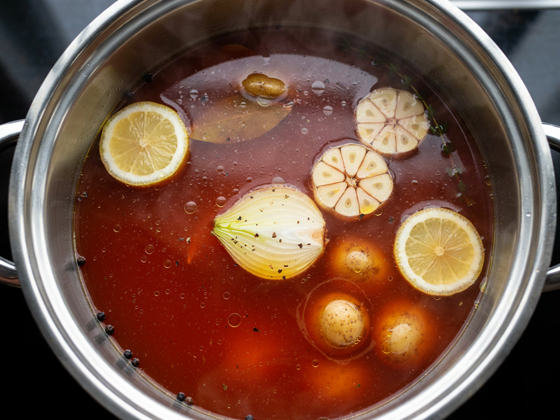 A large stockpot of seasoned boiling liquid with halved lemons, garlic heads and onion, with potatoes being added
