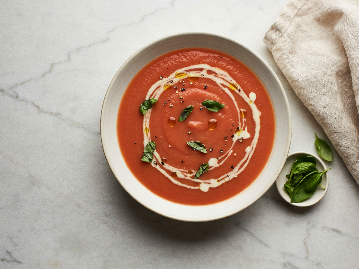 Bowl of creamy tomato soup with a cream swirl and a golden grilled cheese sandwich cut in half resting against the rim