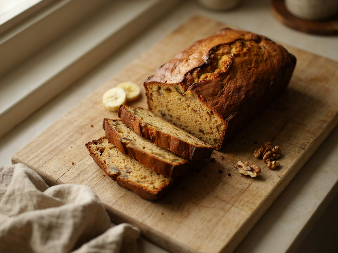 Sliced loaf of moist banana bread on a wooden board showing a soft golden crumb