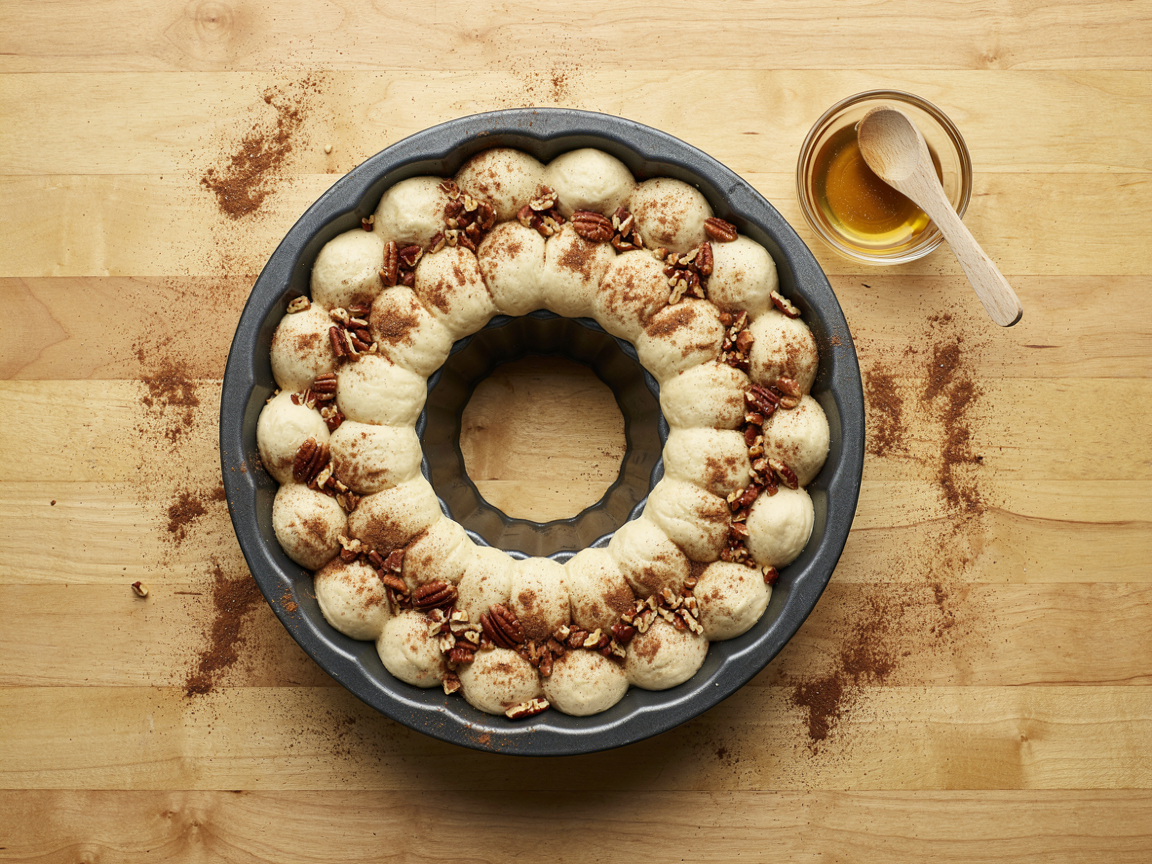 Frozen dinner rolls arranged in a buttered bundt pan with brown sugar and cinnamon scattered over them