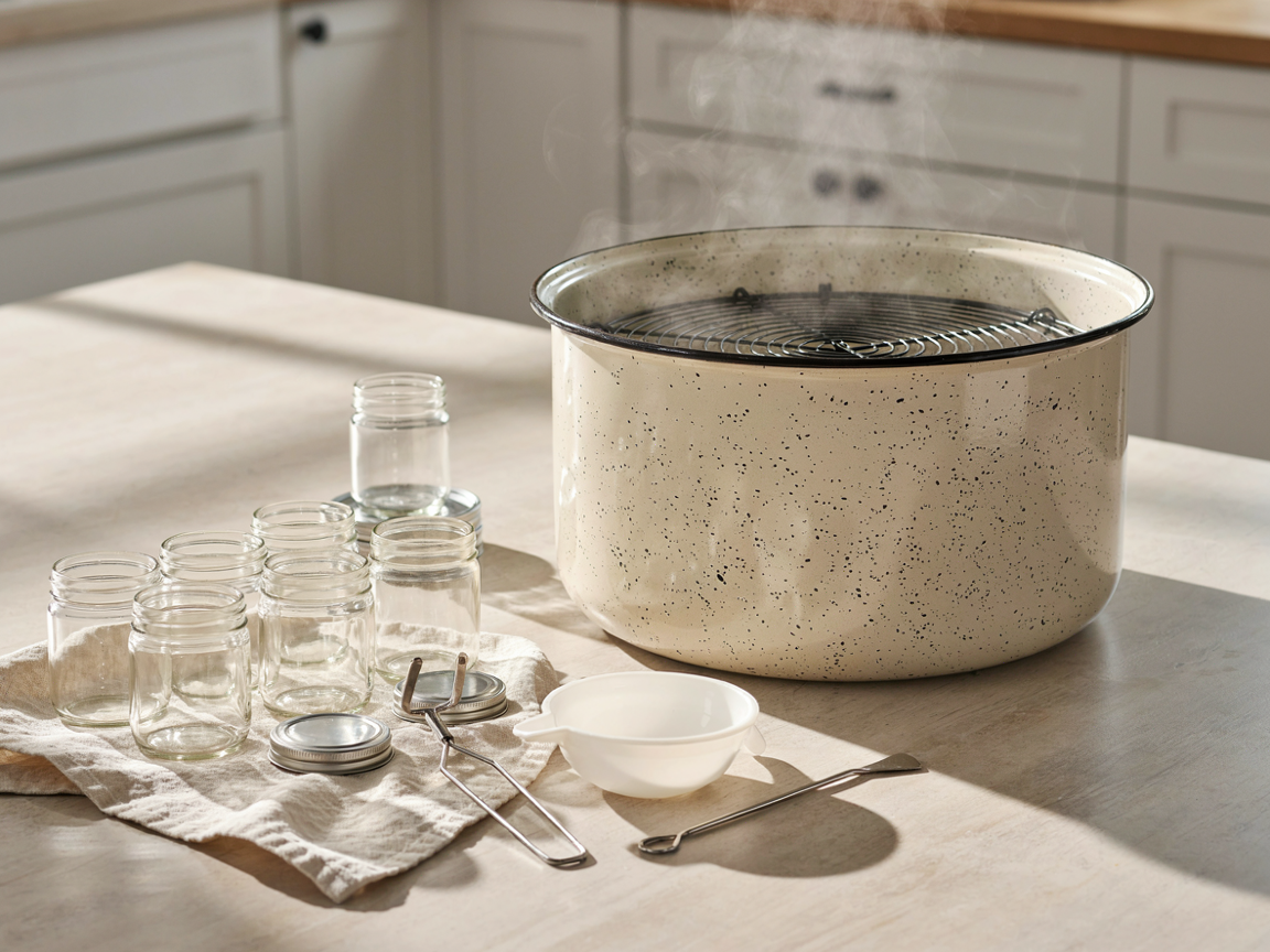 Water bath canner with its rack steaming on a kitchen counter beside clean empty glass jars, two piece lids, a jar lifter, funnel and bubble remover on a linen towel