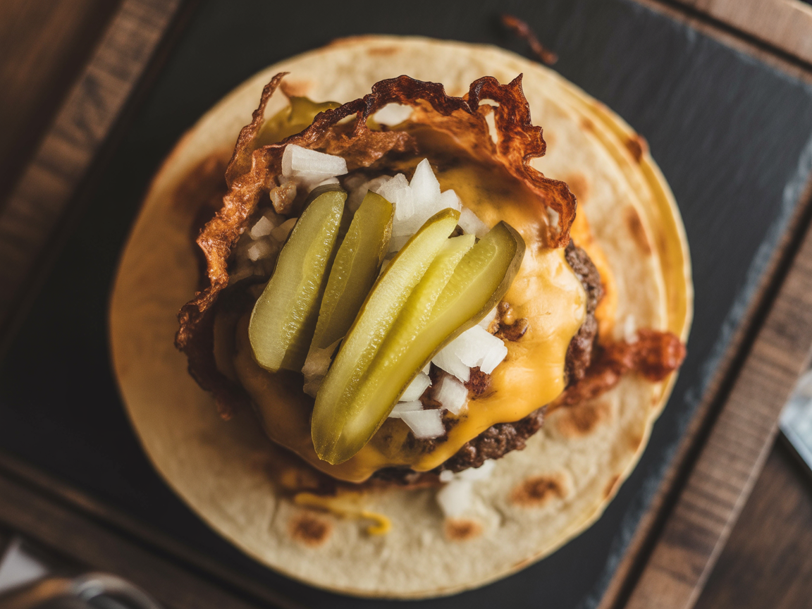 Overhead close-up of a crispy smash burger on a flour tortilla with melted cheese, pickles and onions
