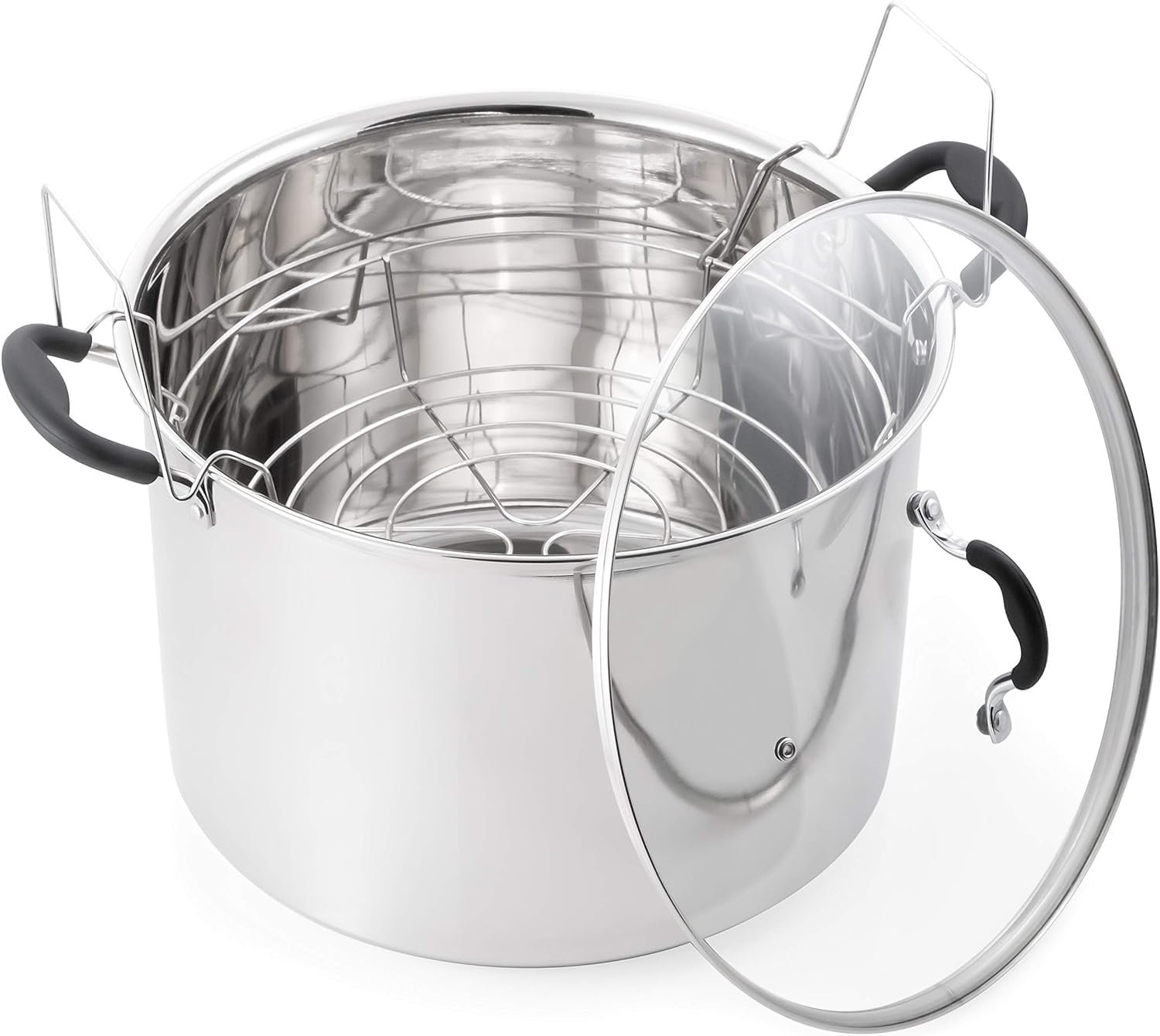 Speckled enamel water bath canner with a wire jar rack and lid