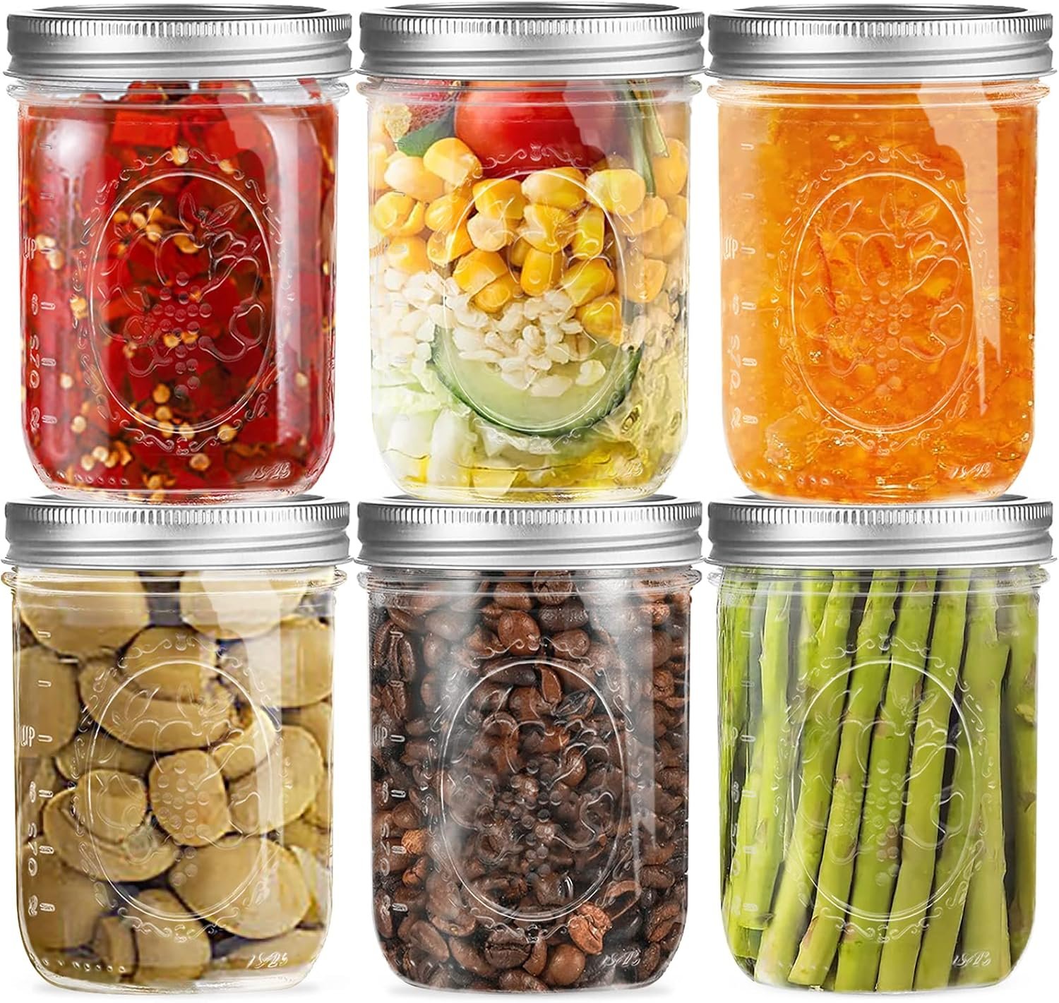 Wide mouth pint mason jars with two piece lids and screw bands