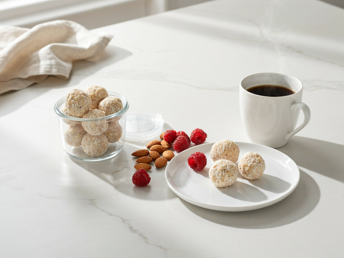 Glass container of coconut protein balls with its lid beside it, three balls on a small plate with a mug of black coffee, almonds and raspberries