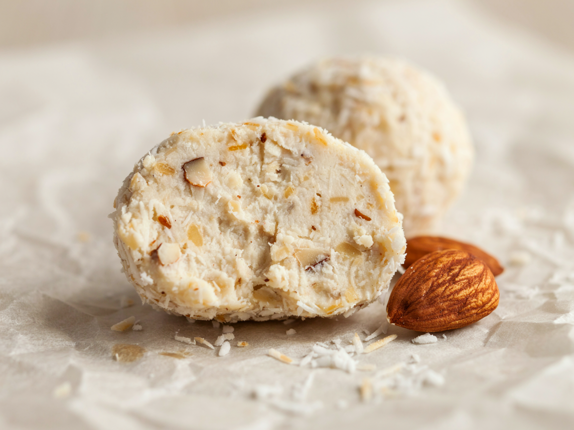 Coconut protein ball cut in half showing a dense creamy interior and the coconut coating, with an almond beside it