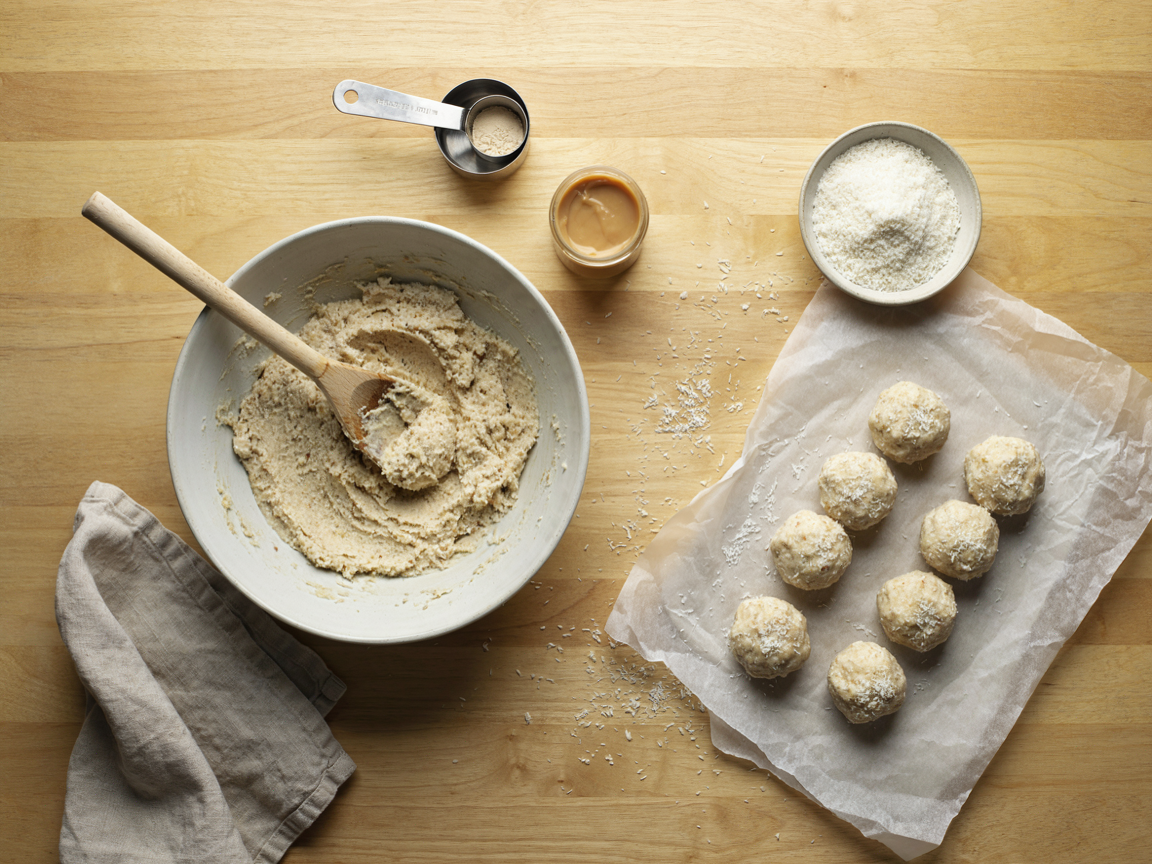 Bowl of coconut protein ball dough made from shredded coconut, vanilla protein powder and almond butter with a spatula, a dish of shredded coconut, rolled balls on parchment and measuring cups