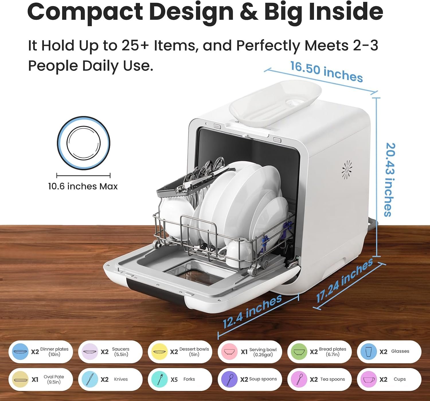 COMFEE white countertop dishwasher with a see-through door and built-in water tank